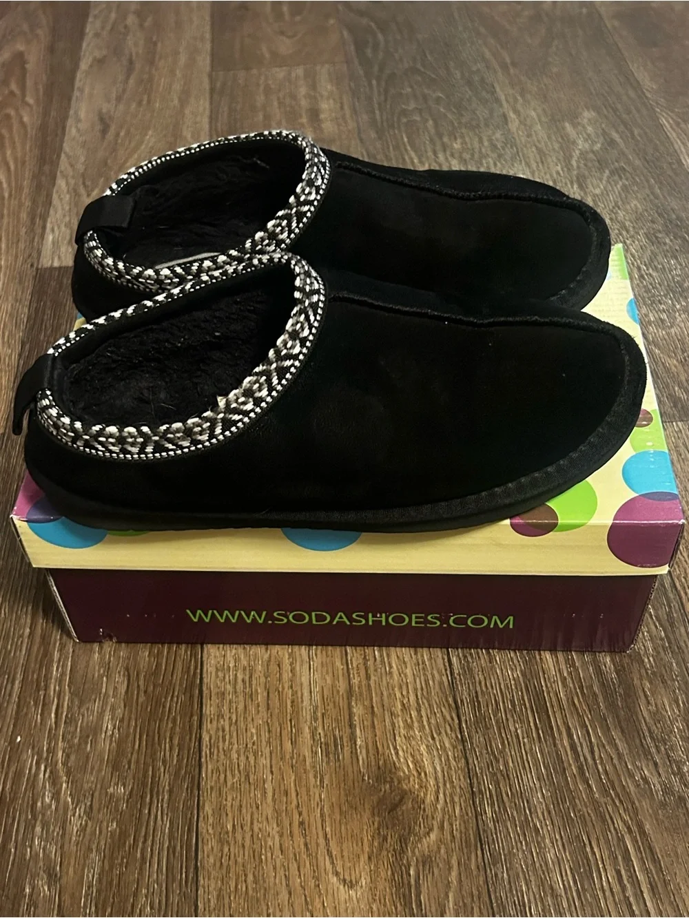 Soda Kids Black Moccasin Slippers with Patterned Trim